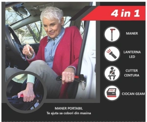 Maner auto 4 in 1 pentru siguranta masina, ciocan geam cutter centura lanterna LED si sprijin, rosu negru - Img 8