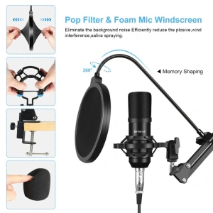 Microfon cu condensator, de studio, compatibil cu Android si iOS, otel/aliaj de zinc, negru - Img 3