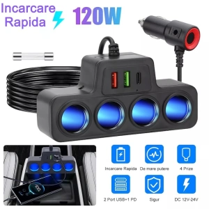 Multiplicator bricheta auto, 4 iesiri, 120 W, 2 x USB, 1 x tip C, 12V -24V, ABS, negru - Img 2