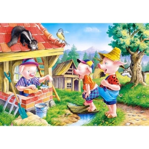 Puzzle 60 de Piese din Lemn in Cutie Metalica, Model Cei Trei Purcelusi, Educativ, Dezvoltare Abilitati Cognitive, pentru Prescolari, 22.5x13.5 cm, Multicolor