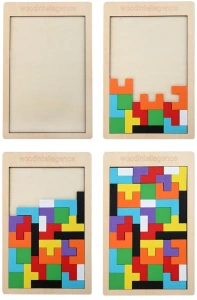 Puzzle educativ montessori multicolor 26.5 x 17.7 cm, joc din lemn cu 40 piese tip tetris, dezvoltare logica, memorie si coordonare pentru copii - Img 9
