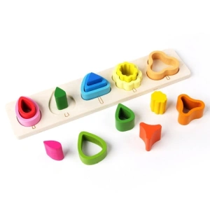 Puzzle Montessori din lemn, multicolor, 29 x 6.5 cm, joc educativ cu 15 piese si 5 forme asimetrice, model copaci, pentru copii 2+ ani - Img 4