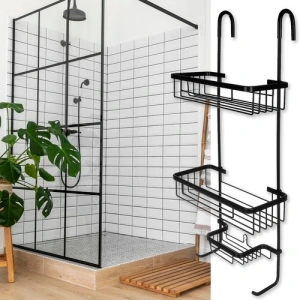 Raft suspendat negru 63 x 28,5 x 14 cm, 3 polite, aluminiu, fara gaurire, organizator pentru cabina de dus cu ventuza de stabilizare - Img 8