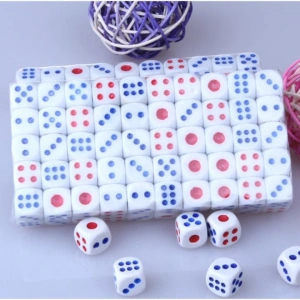 Set 10 zaruri albe cu puncte albastre si rosii, 13 mm, pentru jocuri de societate sau jocuri de noroc - Img 4