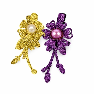 Set 2 agrafe de par aurie si mov 5 x 2 cm, model floral metalizat, accesorii decorative pentru par, fixare sigura