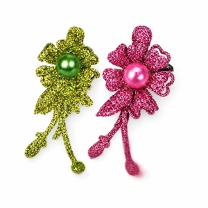 Set 2 agrafe de par verde si roz 5 x 2 cm, model floral metalizat, accesorii chic pentru par, prindere ferma - Img 1