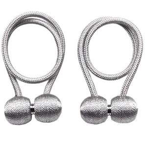 Set 2 prinderi magnetice pentru perdele si draperii, snur textil impletit, 44 cm, gri argintiu, accesoriu decorativ modern
