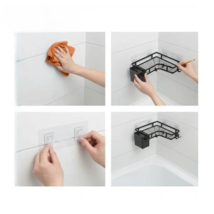 Set 2 rafturi de colt, autoadezive, pentru baie, suport si carlige pentru accesorii incluse, otel inoxidabil, 23.8 x 23.8 x 4 cm/24.8 x 24.8 x 5 cm, negru - Img 3