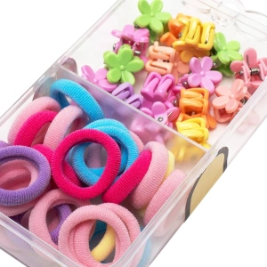 Set 25 elastice par 1.5 cm si 16 cleme mini florale 0.8 cm, cutie organizator transparenta - Img 2