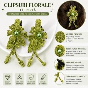 Set 4 agrafe de par aurii si verzi 5 x 2 cm, model floral metalizat, 2 aurii + 2 verzi, accesorii elegante pentru coafuri - Img 5