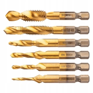 Set burghie cu tarod HSS TiN auriu M3 - M10, 6 buc, HEX 6.35 mm, pentru gaurire, filetare si debavurare in metal, aluminiu, plastic si lemn - Img 4