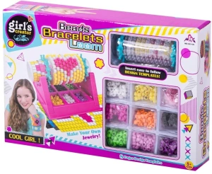 Set creativ pentru bratari cu margele, roz, razboi de tesut rotativ, accesorii complete si sabloane, kit handmade pentru copii 5+ ani