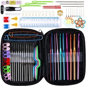 Set de crosetat 100 piese, ace din aluminiu si inox, accesorii complete, husa organizatoare inclusa, ideal pentru incepatori si avansati, multicolor