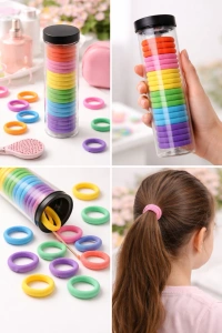 Set elastice par textile multicolore, 20 bucati, diametru 4.5 cm, tub depozitare transparent, 6 culori - Img 2