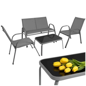 Set mobilier pentru balcon si terasa, canapea 2 locuri, 2 scaune si masuta cu blat din sticla securizata, cadru metalic, gri - Img 2