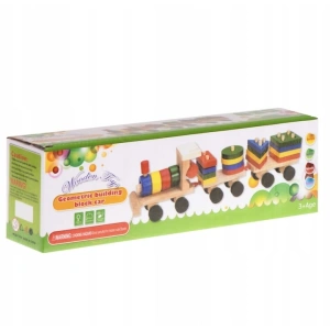 Trenulet de jucarie din lemn, 30 cm, multicolor - cu forme geometrice, puzzle arcade, locomotiva + 2 vagoane, blocuri detasabile, pentru copii 3+ - Img 2
