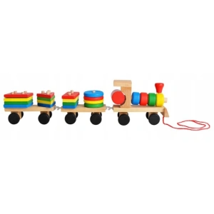 Trenulet de jucarie din lemn, 30 cm, multicolor - cu forme geometrice, puzzle arcade, locomotiva + 2 vagoane, blocuri detasabile, pentru copii 3+ - Img 12