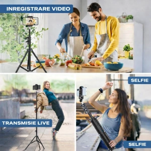 Trepied extensibil 210 cm din aluminiu cu suport reglabil pentru telefon si montura camera, stativ pliabil pentru foto video si iluminare, negru - Img 3