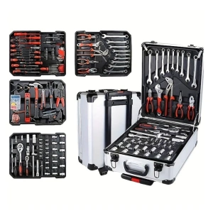 Trusa profesionala de scule, 187 piese, organizare eficienta in troller din aluminiu cu roti si maner telescopic, negru-rosu
