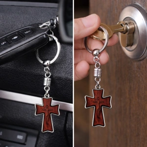 Breloc religios cruce decorativa cu snur textil impletit si margele din lemn, accesoriu crestin pentru chei sau rucsac - Img 2