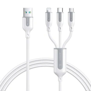 Cablu de incarcare si transfer date, 66W 3 in 1, Lightning, USB-C, Micro USB, lungime 1.2 m, alb