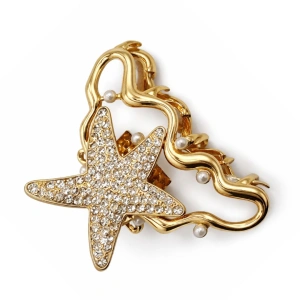 Clema par eleganta aurie cu stea decorativa si cristale stralucitoare, perle albe, prindere puternica, arc metalic rezistent