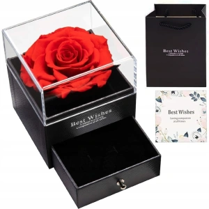 Cutie de bijuterii cu trandafir criogenat, 1 sertar, punga de cadou si felicitare, 11 x 9 x 9 cm, neagra - eleganta si emotie intr-un singur cadou - Img 4