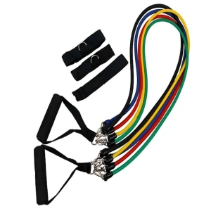 Extensor cu 5 benzi elastice de rezistenta pentru antrenament fitness, accesorii incluse, benzi din latex cu intensitati diferite, manere antiderapante, prindere la usa, saculet transport, 110 cm, mul - Img 2