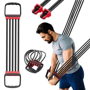 Extensor cu 5 benzi elastice de rezistenta pentru fitness - antrenament complet, portabil, reglabil, 67 cm, negru - Img 1