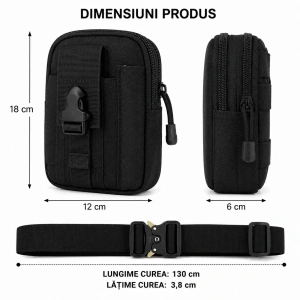 Geanta tactica neagra 18 x 12 x 6 cm, cu centura tactica reglabila, sistem Molle, poliester Oxford, catarama metalica cu eliberare rapida, EDC, unisex - Img 4