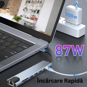 Hub adaptor multiport 8 in 1 USB-C, HDMI 4K 30Hz, Ethernet, USB 3.0, USB 2.0, Power Delivery 87W, cititor SD si MicroSD, aluminiu, gri - Img 3
