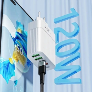 Incarcator retea 120W USB-C si USB-A 5 porturi fast charge PD universal telefon tableta alb lucios compact - Img 4