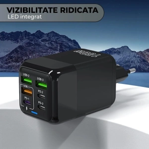 Incarcator retea 150W USB-C si USB-A 6 porturi fast charge cu display LED universal telefon laptop negru compact - Img 7