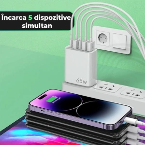 Incarcator retea 65W USB-C si USB-A 5 porturi fast charge PD QC universal telefon laptop alb compact - Img 2