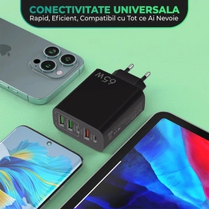 Incarcator retea 65W USB-C si USB-A 5 porturi fast charge PD QC universal telefon smartwatch negru compact - Img 4