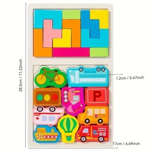 Joc tetris pentru copii, puzzle educativ, masini, lemn, 21 piese, Montessori, multicolor, 28.5 x 17 x 1.2 cm - Img 4