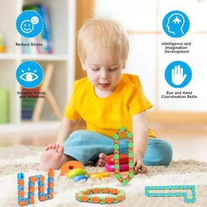 Jucarie senzoriala antistres tip sarpe cu 24 piese, fidget flexibil pentru copii si adulti, dezvoltare dexteritate si coordonare, 28 cm, albastru/portocaliu - Img 5