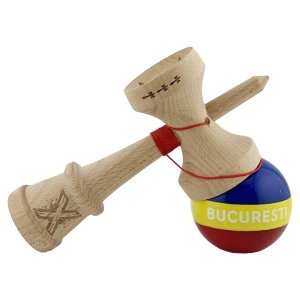 Kendama profesionala din lemn, editia Bucuresti tricolor, Super Sticky, cupe mari King Size V3, rulment metalic, gaura in baza, 18 cm, multicolor - Img 3