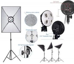 Kit de 3 softboxuri, soclu de 4 becuri, 3 trepiezi reglabili 200 cm, 12 becuri de 85W, geanta de transport inclusa - Img 2