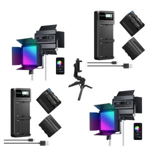 Kit iluminare profesionala RGB 2 x 60W, 2500K-8500K, cu 4 baterii NP-F970 6600mAh, 2 incarcatoare rapide, mini trepied si control prin aplicatie