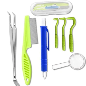 Kit pentru indepartarea capuselor, 7 piese, carlige, pensete, lupa, pieptene, carcasa depozitare