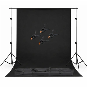 Kit studio, suport fudal reglabil, Negru, 2x3m, suport aluminiu, 4 clesti de suport al panzei, geanta de transport