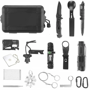 Kit supravietuire multifunctional pentru camping si urgente, trusa compacta cu cutit, lanterna, bratara paracord, busola, accesorii outdoor - Img 5