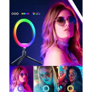Lampa inelara LED RGB 26 cm cu doua trepiede, suport telefon si telecomanda, iluminare reglabila, inaltime 220 cm, USB 5V - Img 4
