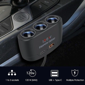 Multiplicator bricheta auto, 3 iesiri, 1 x USB, 1 x USB-C, 120 W, 12 - 24V, negru - Img 3