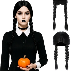 Peruca feminina lunga pentru costume si petreceri tematice, doua codite impletite, par sintetic negru, 55 cm - Img 10