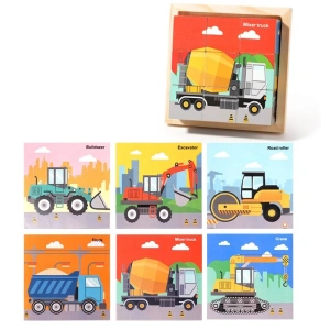 Puzzle educativ din lemn cu 9 cuburi si 6 imagini, model utilaje de constructii, joc Montessori pentru copii 4-6 ani, 11 x 11 x 3.2 cm, multicolor