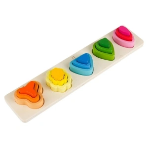 Puzzle Montessori din lemn, multicolor, 29 x 6.5 cm, joc educativ cu 15 piese si 5 forme asimetrice, model copaci, pentru copii 2+ ani