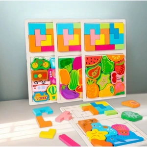 Puzzle pentru copii, tip tetris, fructe, lemn, 21 piese, 3+ ani, educativ, 28.5 x 17 x 1.2 cm, multicolor - Img 6