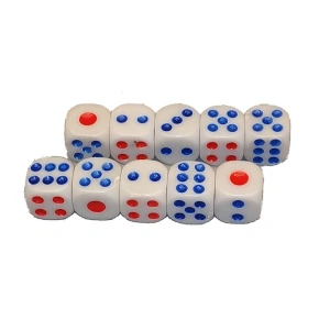 Set 10 zaruri albe cu puncte albastre si rosii, 13 mm, pentru jocuri de societate sau jocuri de noroc - Img 1